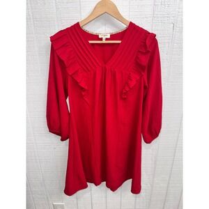 Umgee Mini Dress Womens Red Ruffle Pleated V-Neck Balloon Sleeve Size Small